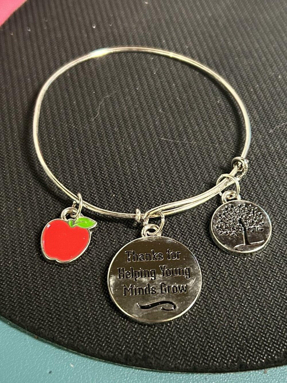 Teacher Appreciation Silver Charm Bangle Bracelet Apple & Tree